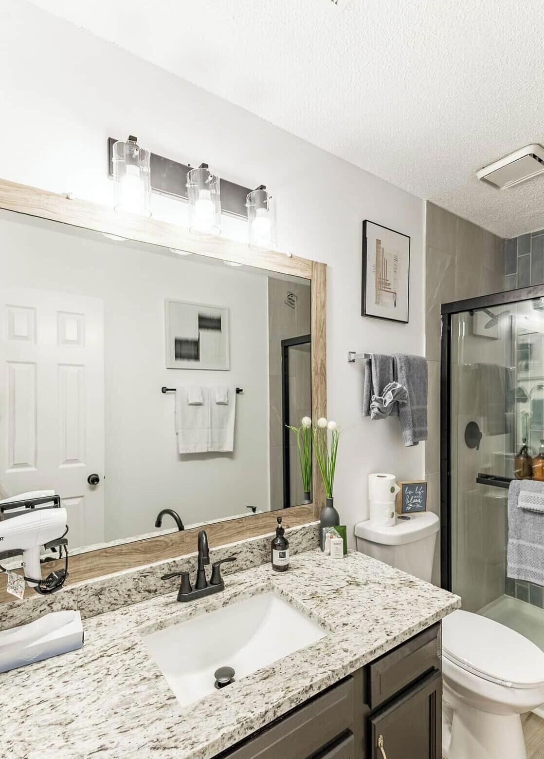 Hair dryer, soap, toilet paper