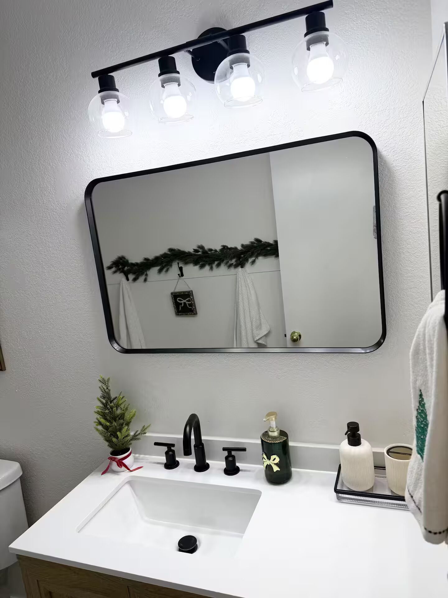 Un bany amb un lavabo blanc, aixeta negra i un mirall al damunt. Hi ha tres llums sobre el mirall i una petita planta al costat esquerre del lavabo.
