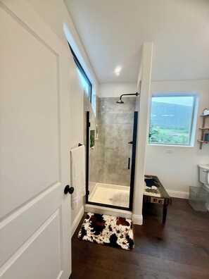 Douche, sèche-cheveux, serviettes fournies, savon