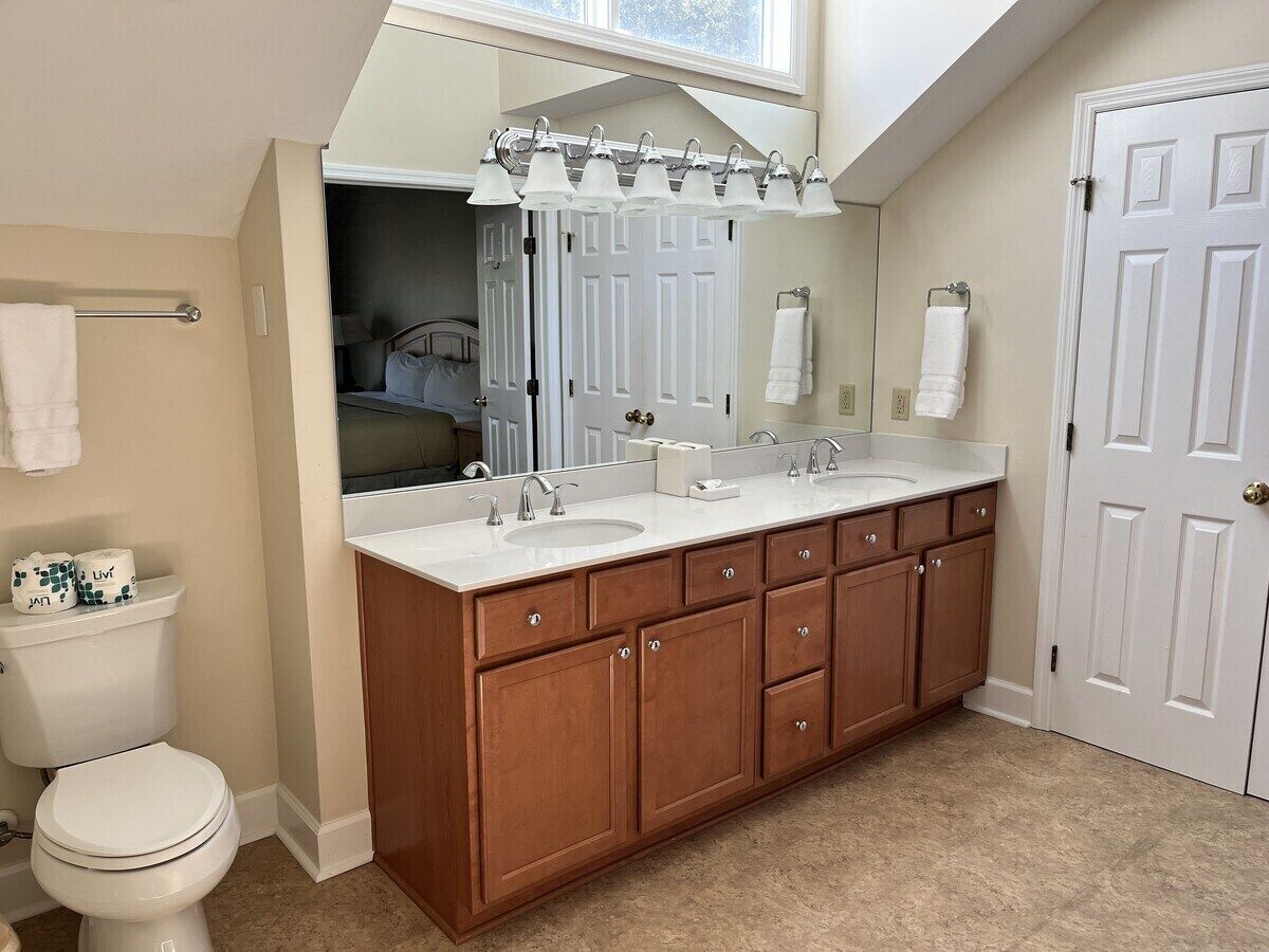 Une salle de bain avec un meuble-lavabo à deux vasques, des toilettes, un porte-serviettes et un miroir.