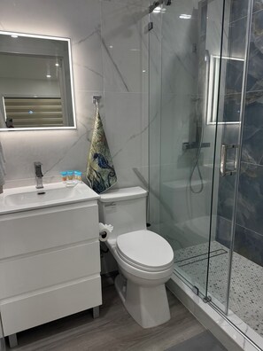 Een haardroger, handdoeken, zeep, toiletpapier