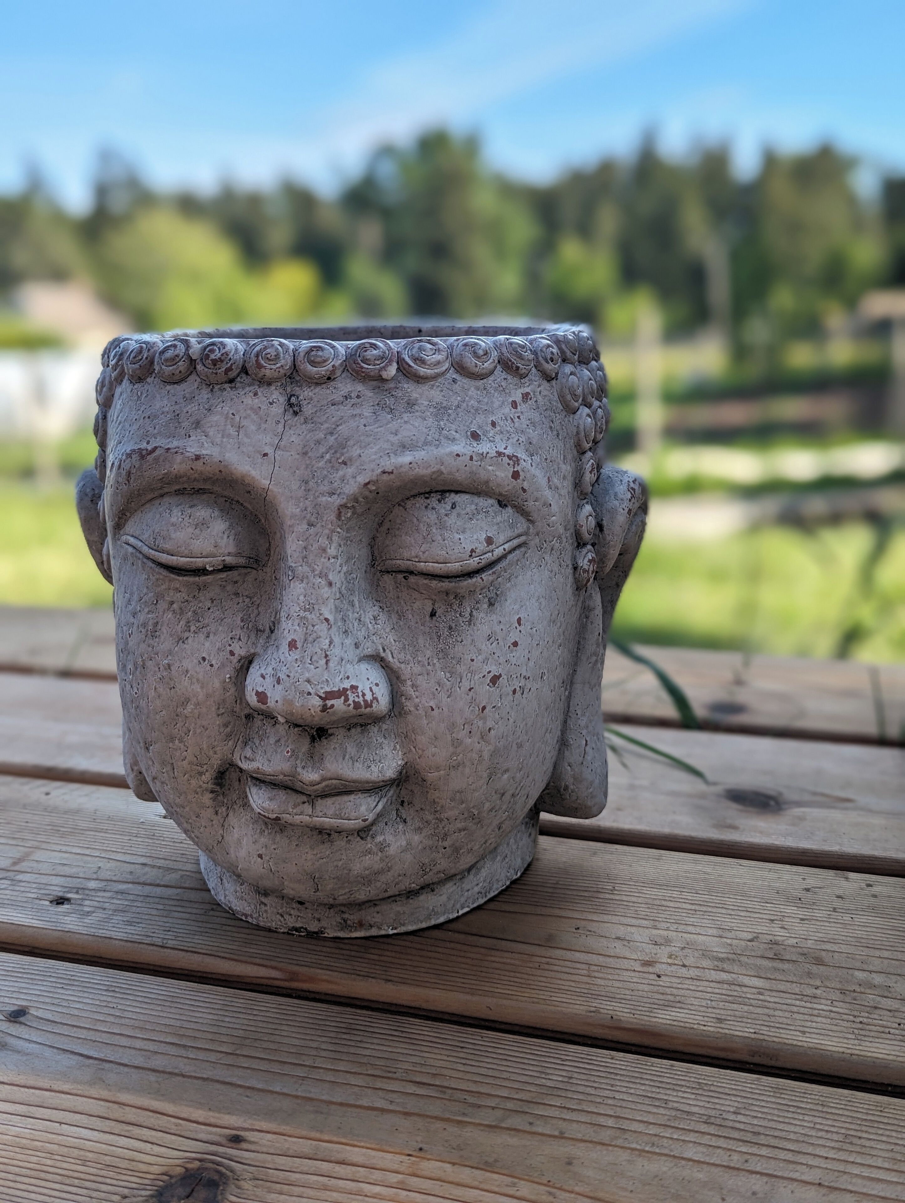 Une sculpture représentant la tête d’un Bouddha, en pierre, posée sur un banc en bois, à l’extérieur.