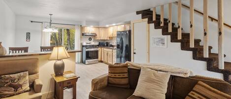 Smart TV, fireplace, books