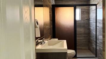 Shower, towels, soap, toilet paper