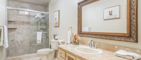 A bathroom with a glass-enclosed shower, a sink with a mirror, and a toilet.