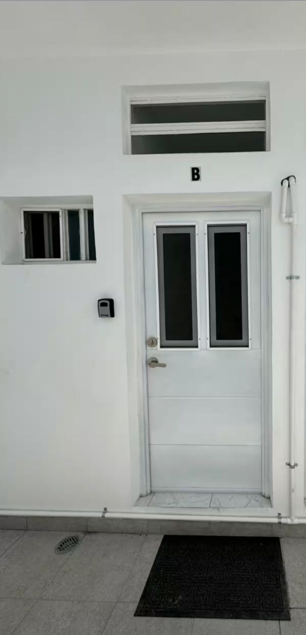 A white door with a small window above it, a black mat at the entrance, and a wall-mounted intercom.