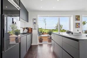 Eine moderne Küche mit Blick ins Freie, großen Fenstern und Topfpflanzen.