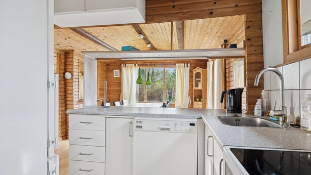 A modern kitchen with wooden walls, a dishwasher, a sink, and a stove. - Cozy holiday home near the water (Dannemare)