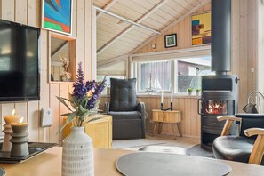 A cozy room with a fireplace, a comfortable chair, a television, and a window with a view. - Beautiful summer house from 2008 outdoor spa (Nakskov)