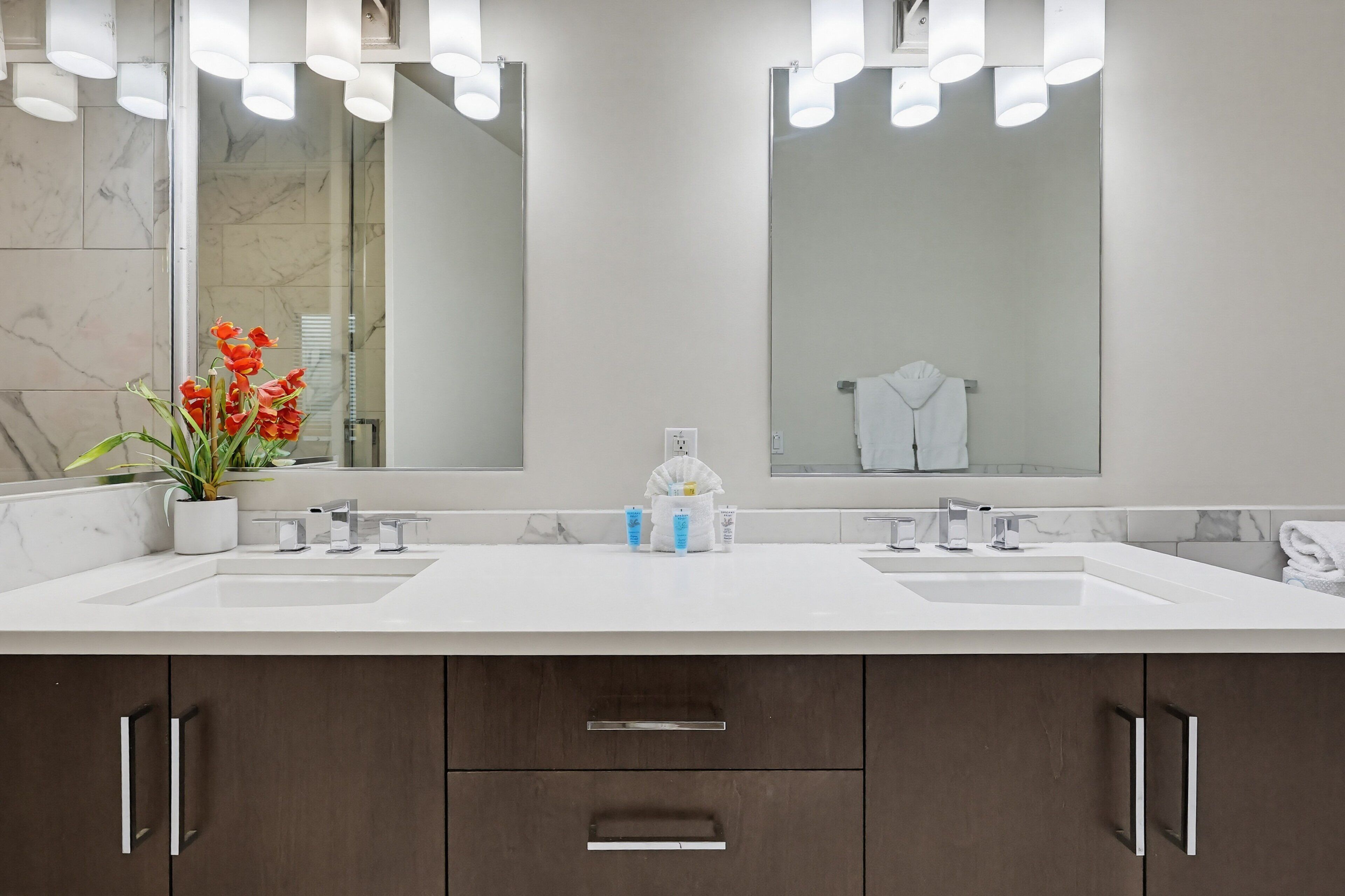 A modern bathroom with two sinks, a large mirror, and a potted plant.