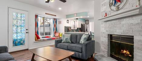 Smart TV, fireplace, video games, foosball