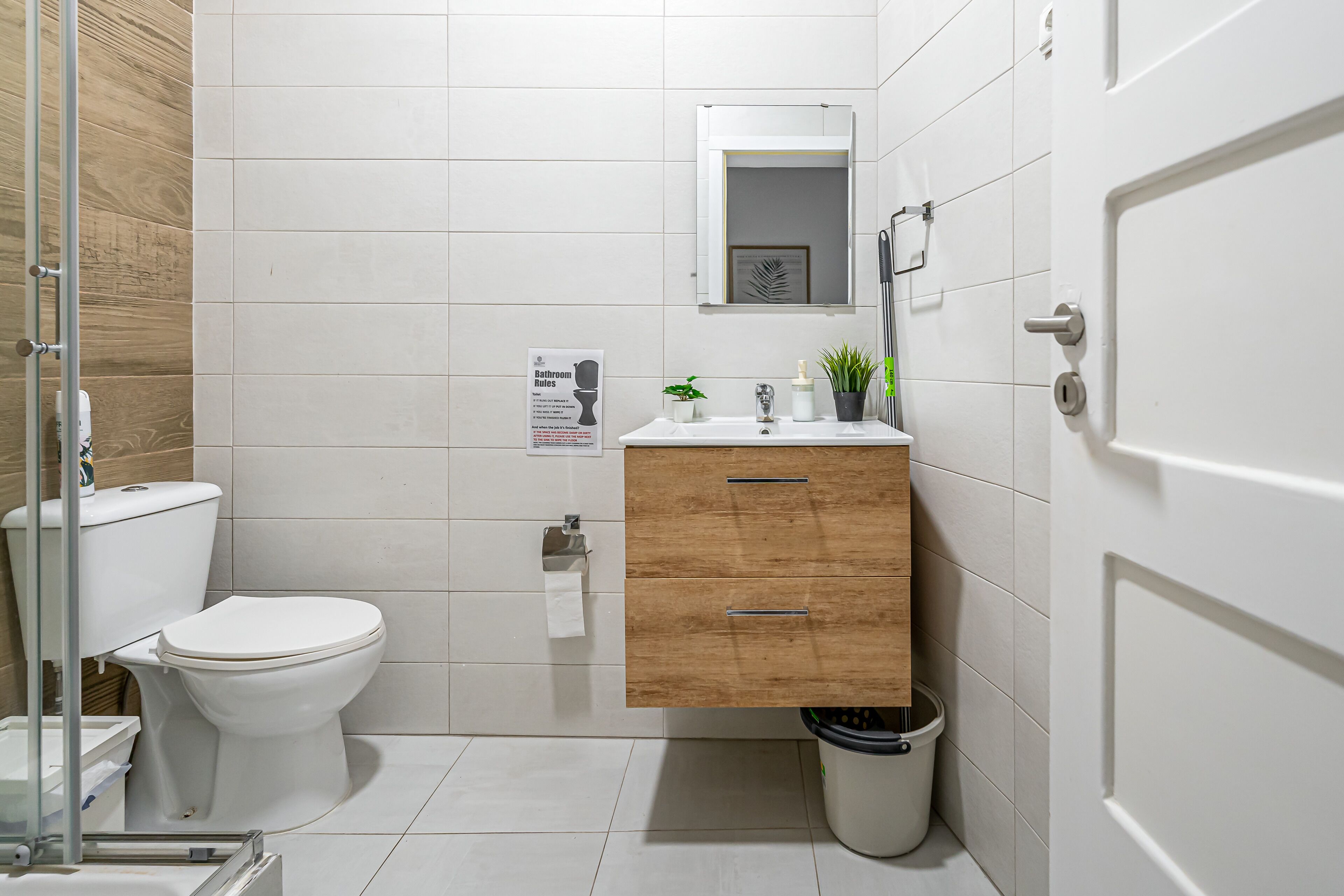 Shower, towels, soap, toilet paper