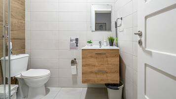 Shower, towels, soap, toilet paper