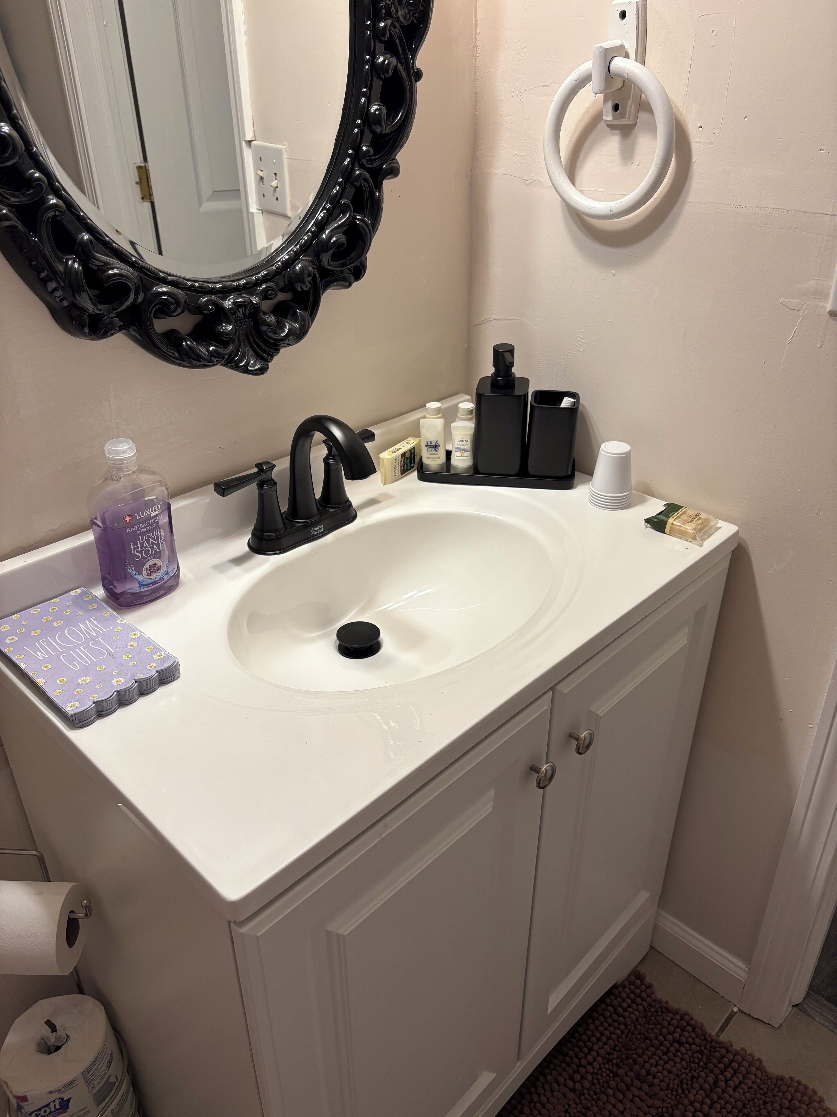 Hair dryer, towels, soap, toilet paper