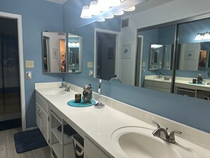 Hair dryer, towels, soap, toilet paper