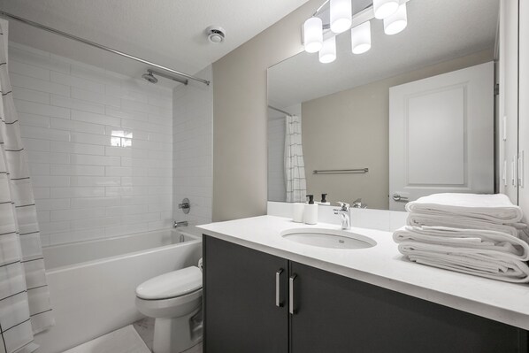 Hair dryer, towels, soap, toilet paper