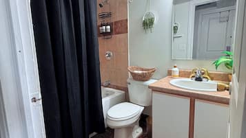 Hair dryer, towels, soap, toilet paper