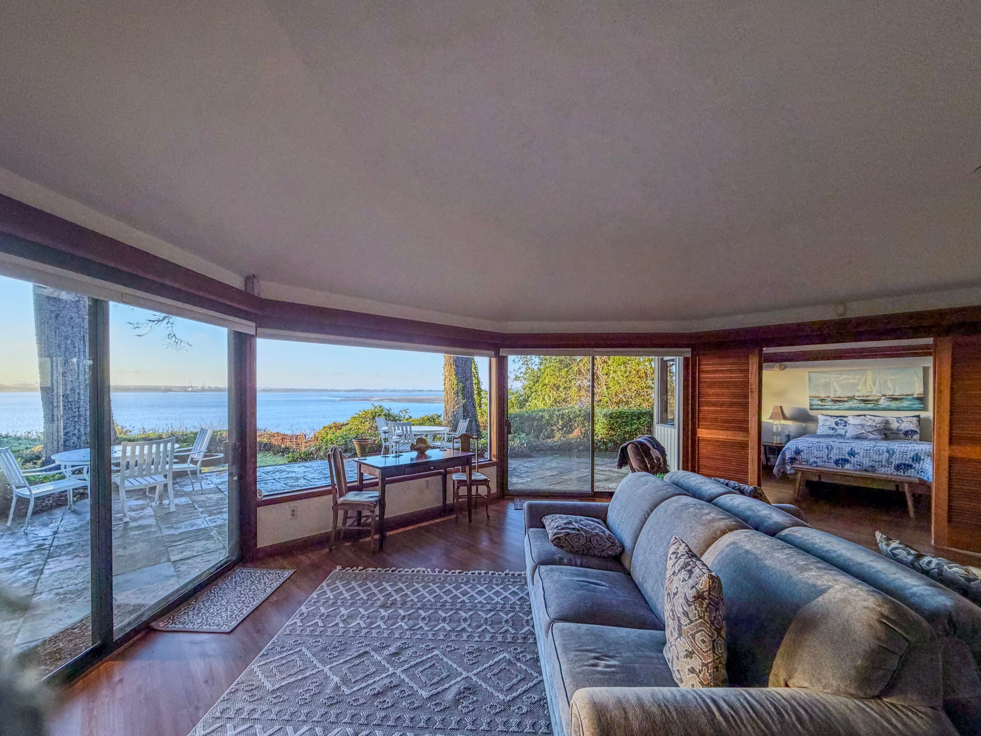 TV, fireplace, books