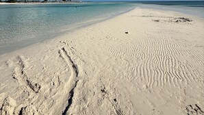 Una ampla platja de sorra amb petjades que desemboquen a l'aigua, un cel blau clar i una riba llunyana amb vegetació.