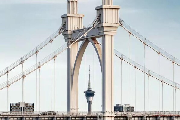 Un grand pont suspendu doté de deux pylônes principaux et de câbles.