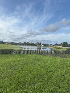 Eine grüne Wiese mit einem Teich, einem Holzzaun und Häusern im Hintergrund.