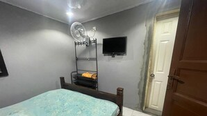 A bedroom with a bed, a standing fan, a TV, and a door. - D-KobieS Guest House (Lungi)