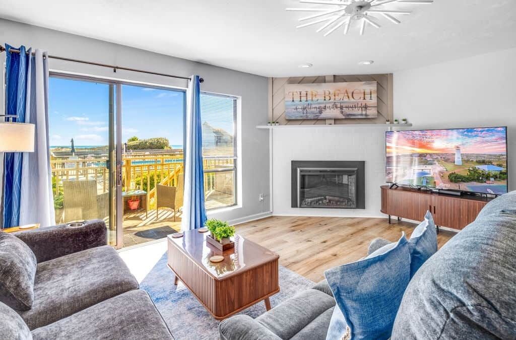 Smart TV, fireplace, books