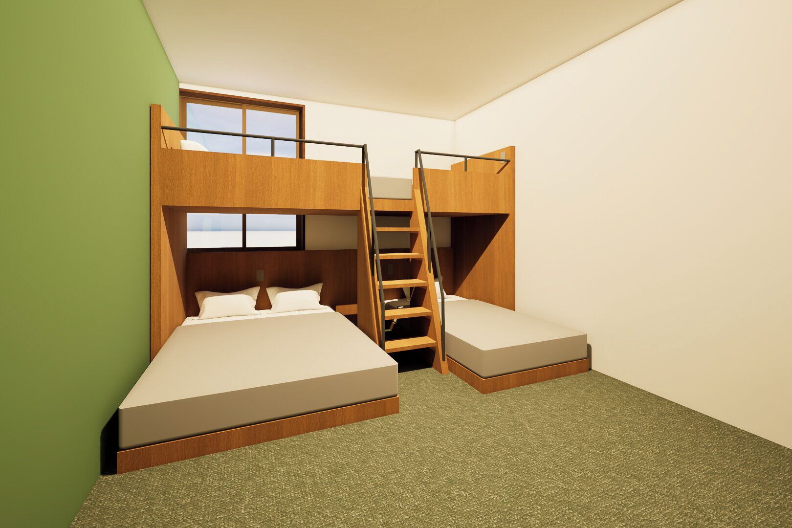 Une chambre avec des lits superposés, une échelle et une fenêtre.