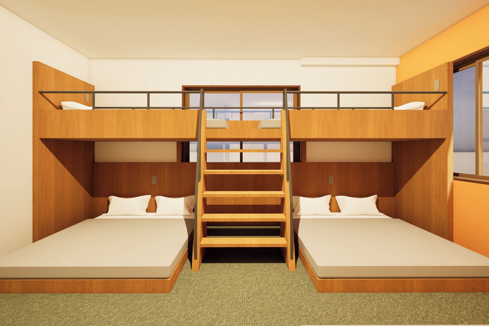 A bunk bed room with a central ladder, two single beds, and a window.