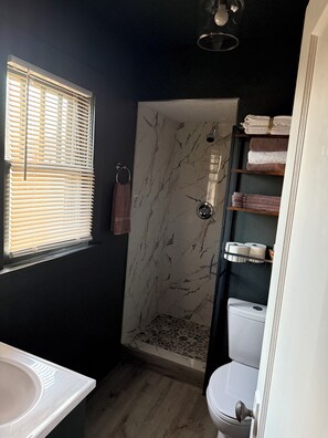 Shower, hair dryer, towels, soap