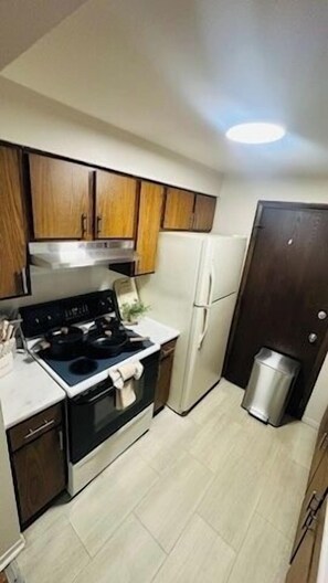 Frigorífico, microondas, horno y placa de cocina