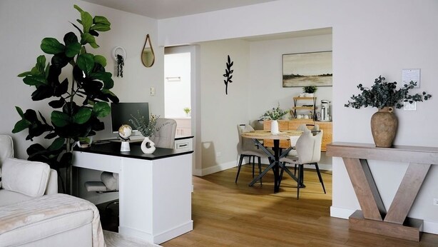 Un salon moderne avec une grande plante, un coin repas doté d’une table en bois et un canapé blanc.