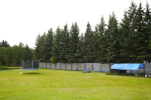 Ein Rasen mit Trampolin, Rutsche und einem überdachten Spielhäuschen.