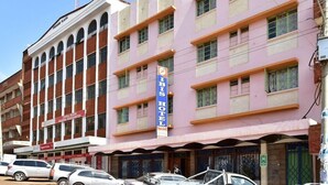 Un hôtel à la façade rose, doté de nombreuses fenêtres et d’une enseigne indiquant « HÔTEL IBIS ».