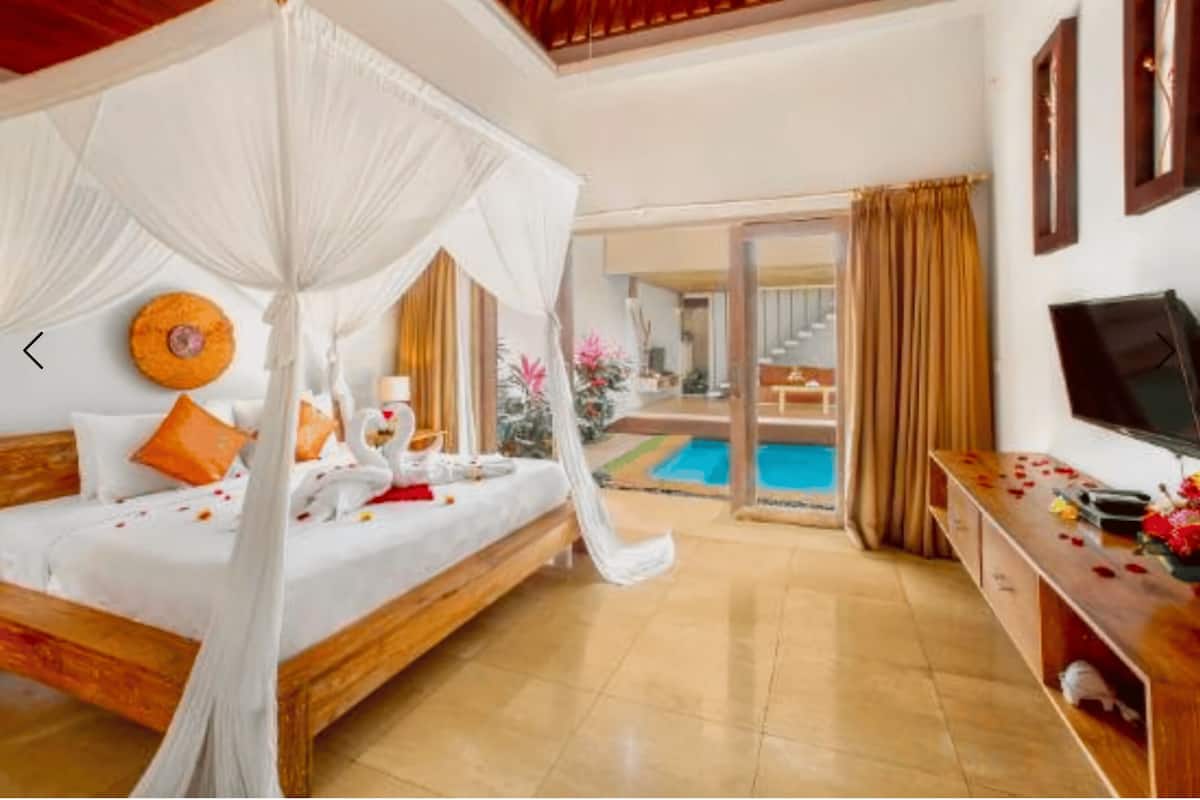 A bedroom with a canopy bed, a pool, and a TV.