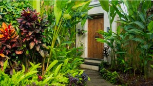 Un lussureggiante sentiero di giardino che conduce a una porta in legno, immerso in varie piante verdi e felci.