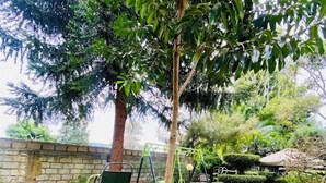 A garden with a swing set, a lawnmower, and a brick wall. - Northwood Gardens & Adventure Park (Mukurweini)