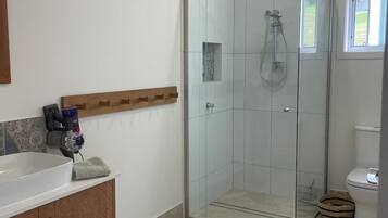 Hair dryer, towels, soap, toilet paper