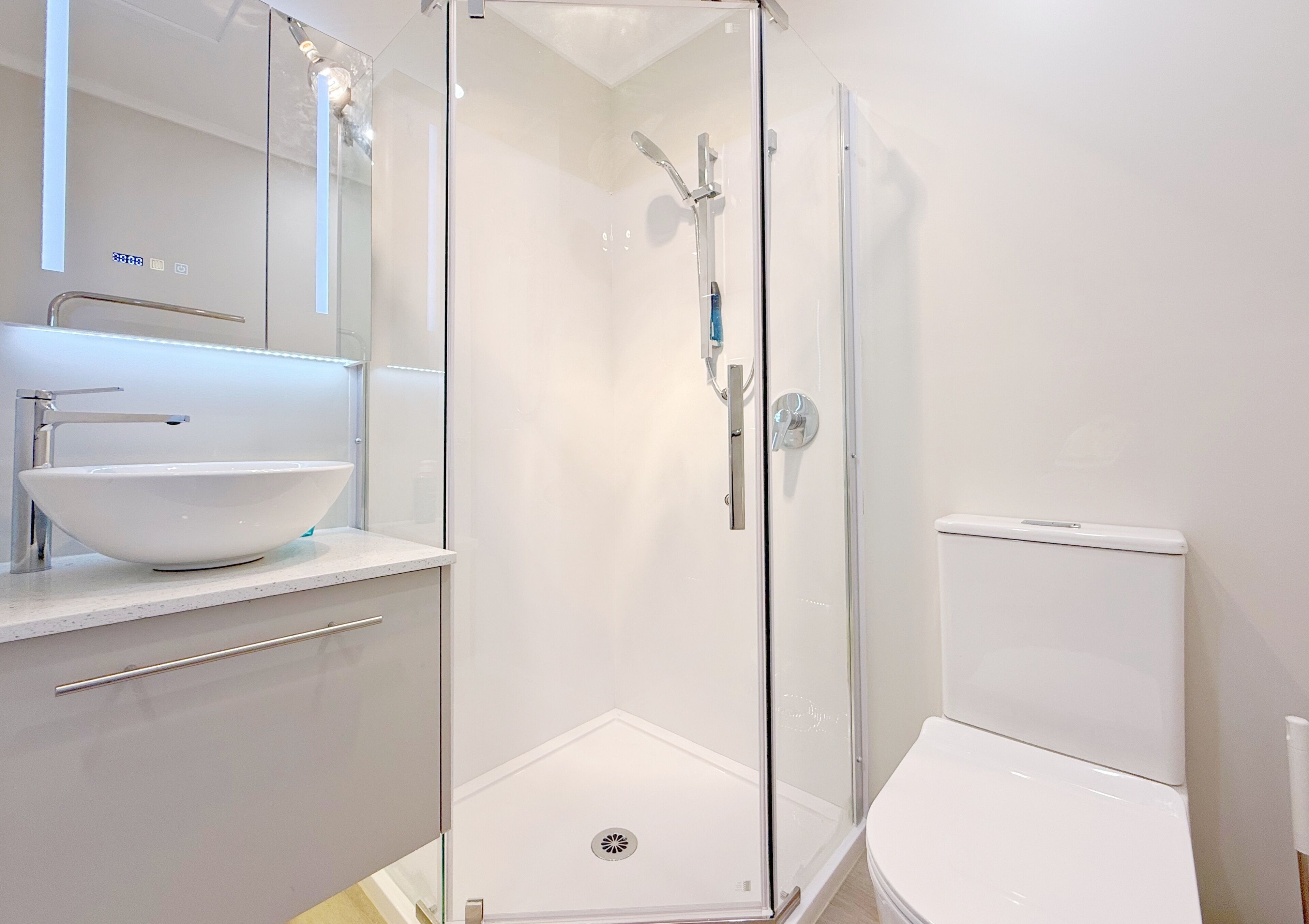 Shower, soap, toilet paper
