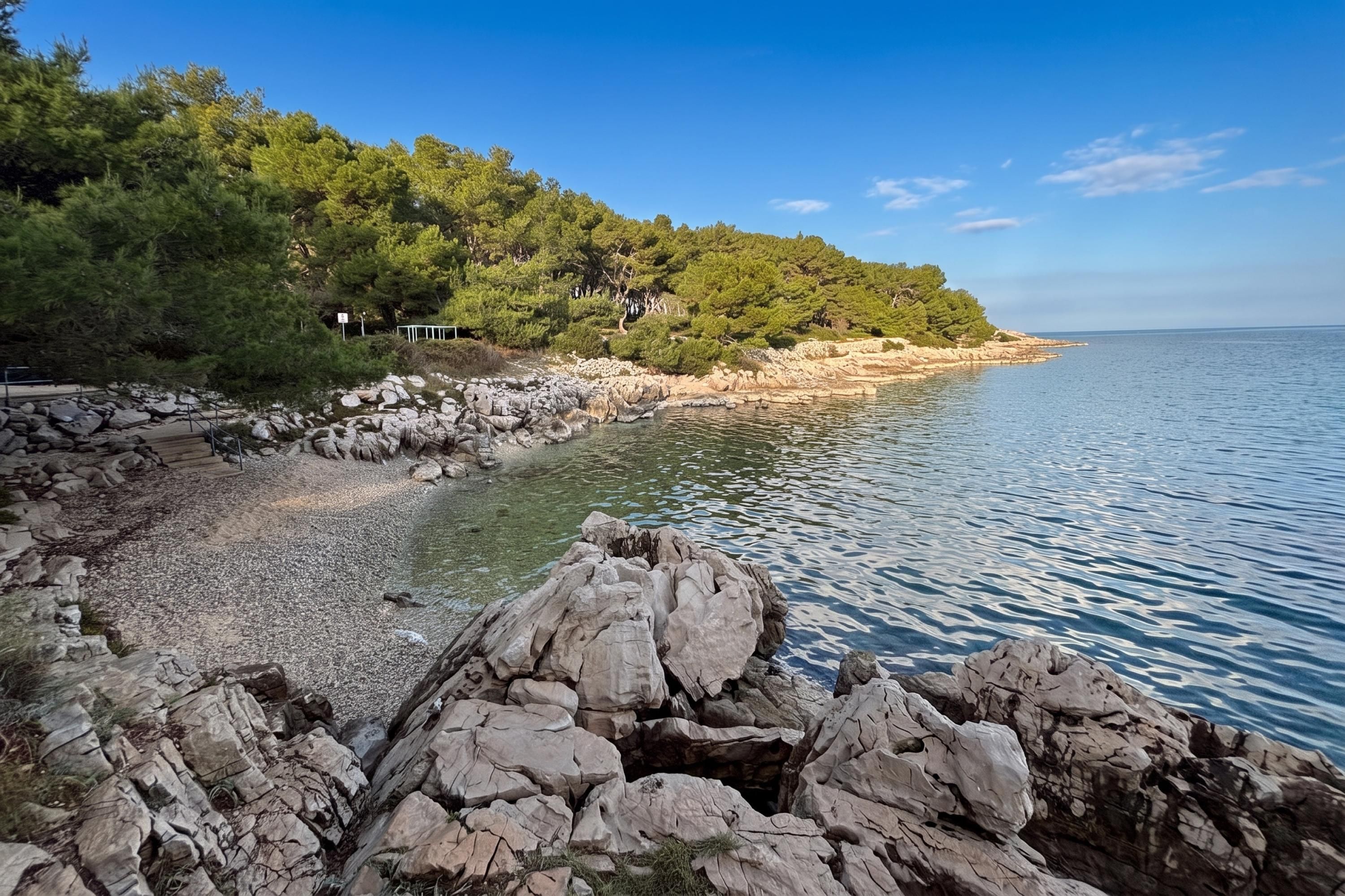 Un rivage rocheux bordé d’une eau claire, avec en arrière-plan une forêt dense.