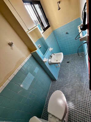 Secador de cabelo, toalhas de banho, sabonete, papel higiênico