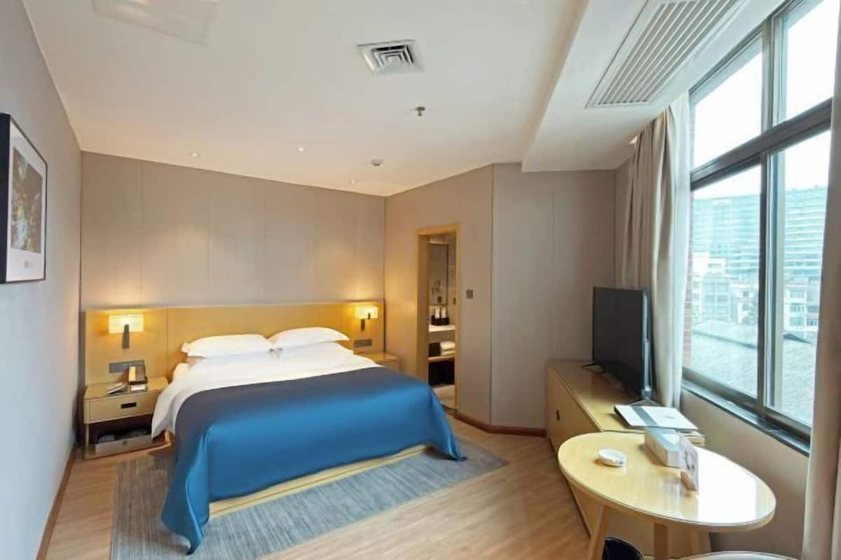 A hotel room with a bed, bedside table, TV, and a window with a city view.