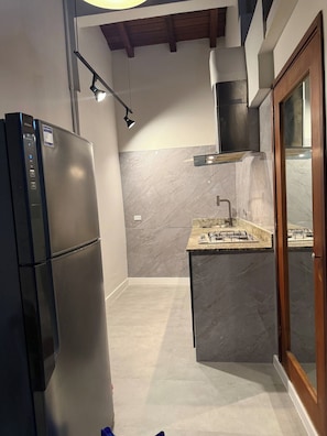 Eine kleine Küche mit integriertem Kühlschrank, Spüle und einem modernen Kochfeld.