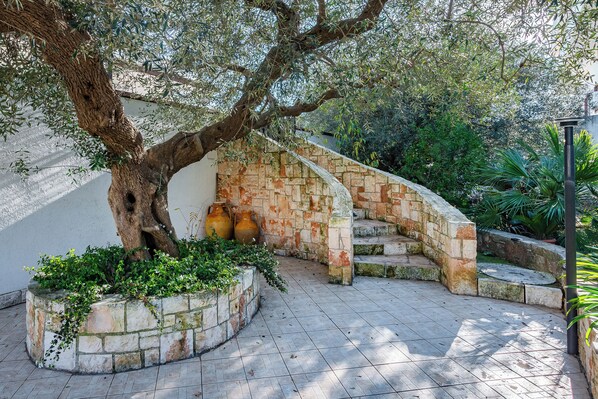 A stone staircase leading up to a covered area with a tree and potted plants. - Bianca Olive House - Alberobello (Alberobello)