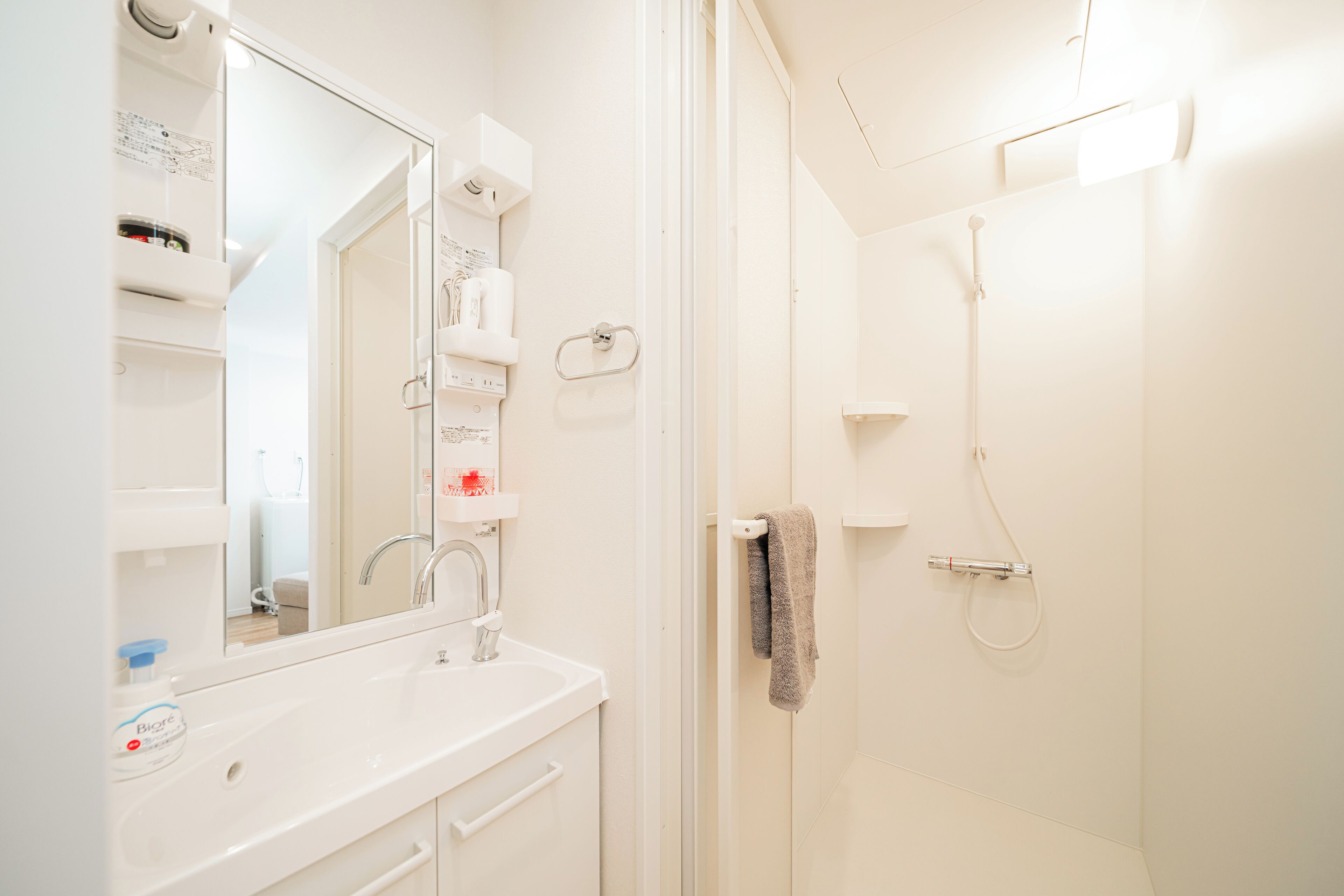 Shower, hair dryer, bidet, towels
