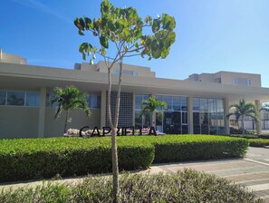 Un edificio moderno con tetto piatto, ampie finestre e un giardino curato con siepi e una palma.