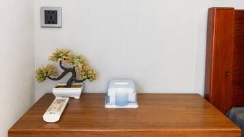A wooden table with a remote control, a small bonsai tree, and a tissue box.
