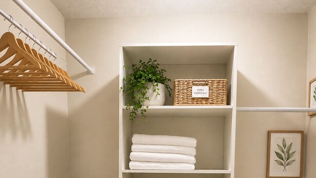 A neatly organized storage area with shelves, baskets, and hanging clothes racks.