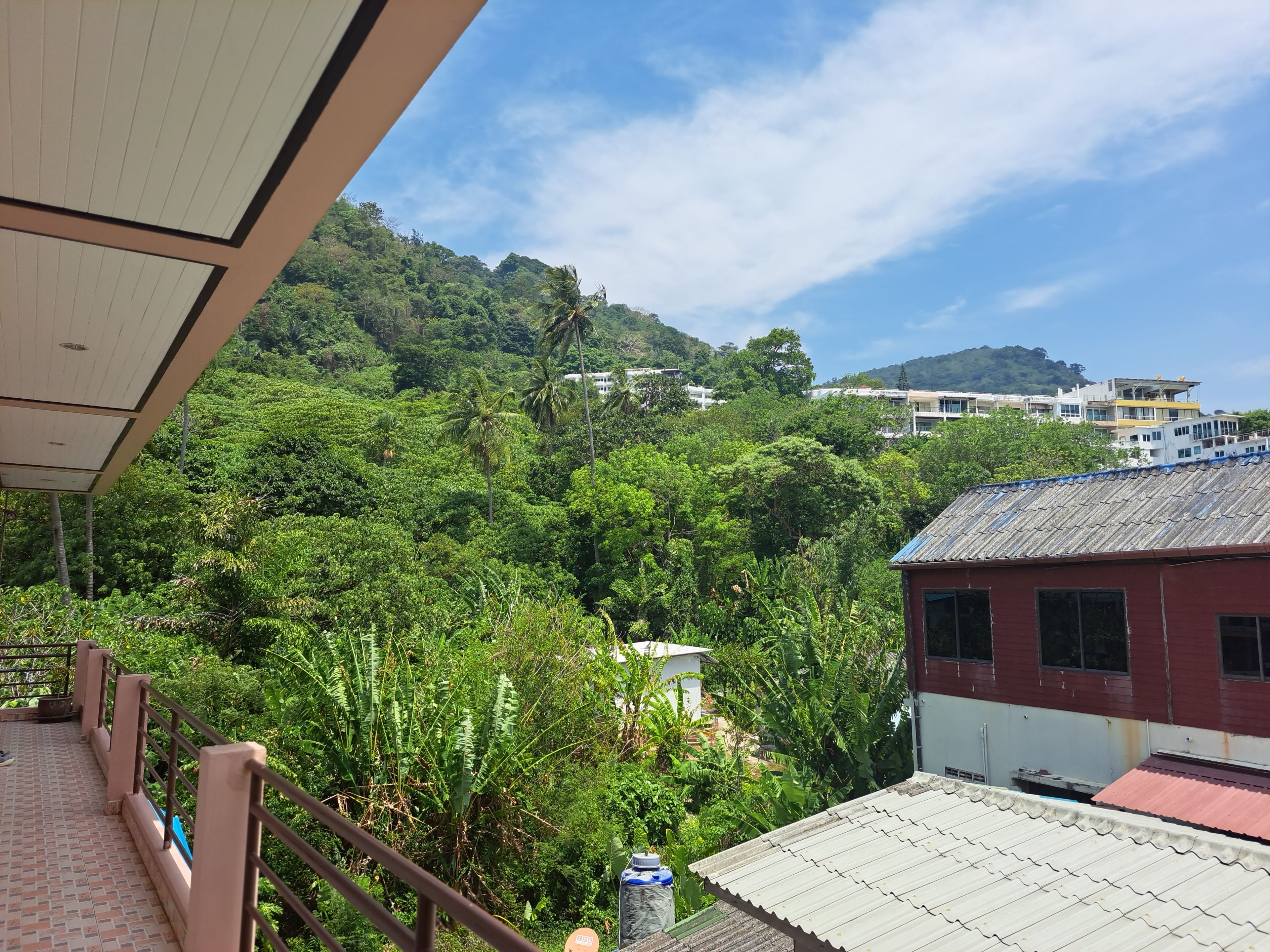 A view from a balcony overlooking a lush green landscape with a mountain in the background and a building with a red roof.