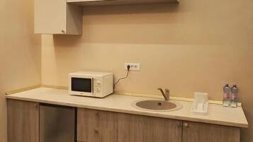 Una cocina compacta con microondas, pileta y muebles de madera.